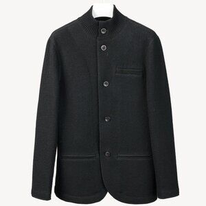 Armani Collezioni Black Boiled-Wool Buttoned Mock-Neck Jacket